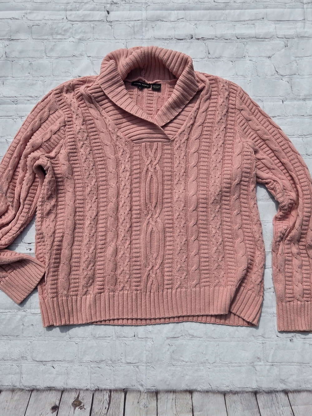 JEANNE PIERRE Dusty Pink Cable-Knit Shawl Collar Sweater